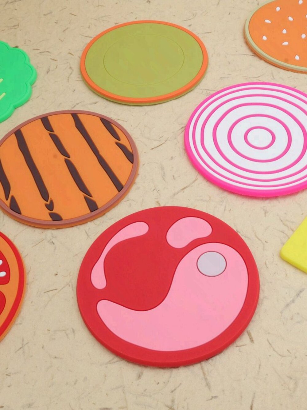 Burger Style Rubber Coaster Set of 8 Fun Kitchen Decor Drink Mats